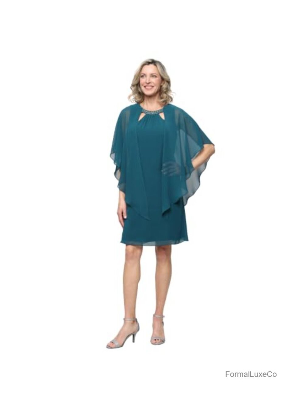 S.L. Fashions Chiffon Beaded Neckline Cape Sleeve Formal Dress